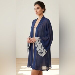 VTG Victoria’s Secret Sheer Navy Blue Chiffon Kimono Robe with Floral Lace Trim